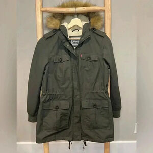 Levi's Women's Sherpa Parka Faux-Fur-Trim Hooded Army Green Jacket&Coat(Size M)